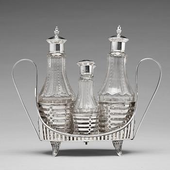 A Swedish 18th century silver and glass, cruet-set, mark of Stepan Westerståhle, Stockholm 1798.