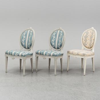 Three Gustavian chairs by Jacob Malmsten (master in Stockholm 1780-1788).