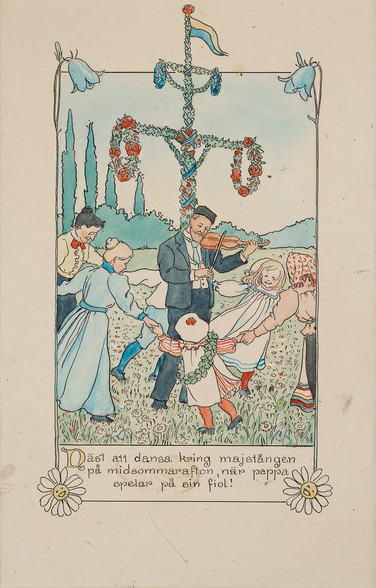 "Näst att dansa kring majstången på midsommarafton, när pappa spelar på sin fiol", illustration till "Barnen på Solbacka.