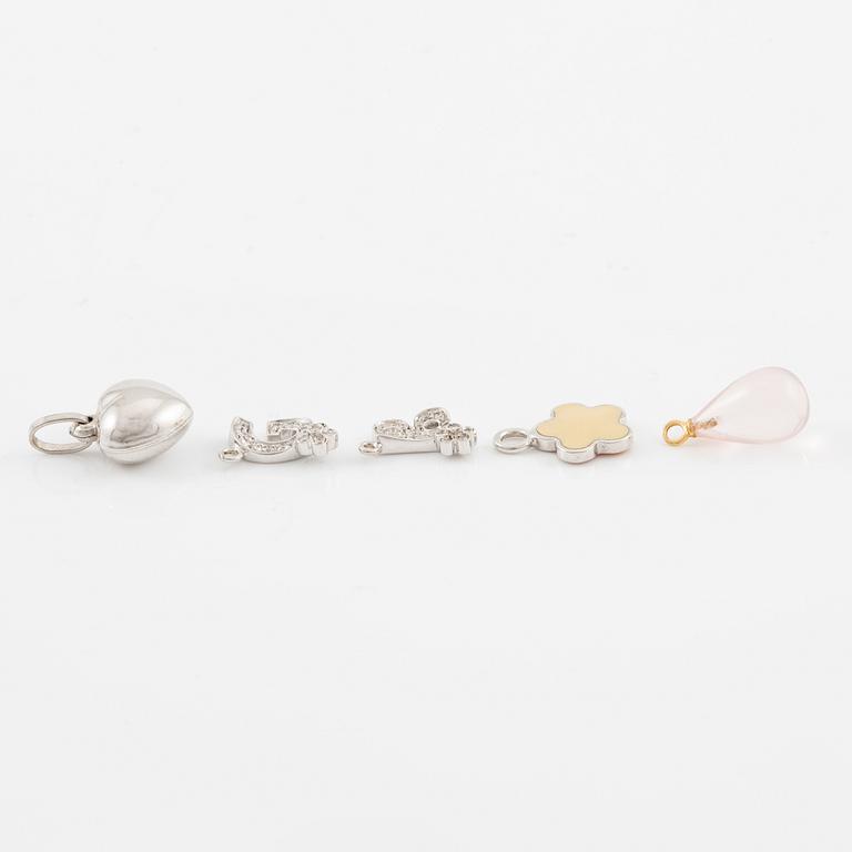 Four pendants with diamonds, and a pair of earrings with rose quartz, 18K gold and white gold.