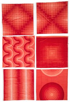 SAMPLERS, 7 PIECES. Cotton velor. A variety of orange red nuances and patterns. Verner Panton.