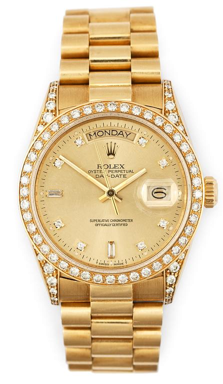 ROLEX, Day-Date, automatisk, guld med briljantslipade diamanter, ca 1985.