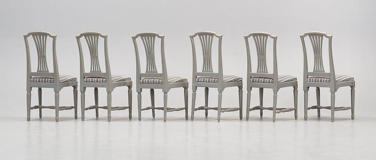 Six late Gustavian late 18th century chairs.