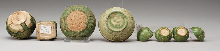 A group of five green glazed vessels, Ming dynasty, 17th Century.