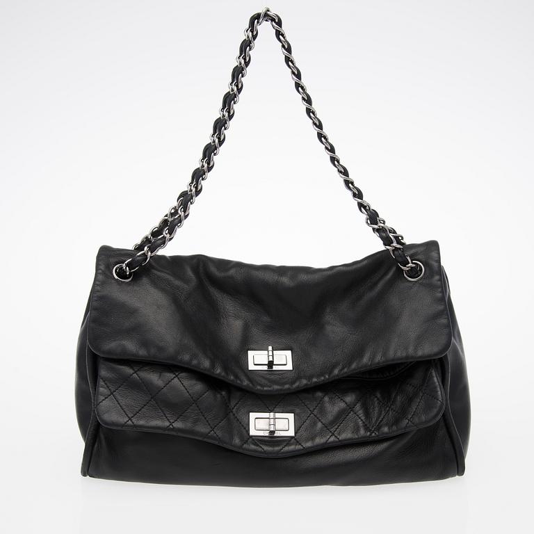 A Black Leather Double Mademoiselle Lock Flap Bag.