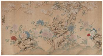 A Chinese scroll painting/wall paper-panel, ink and colour on paper, after Jiang Tingxi (1669-1732), Qing dynasty.