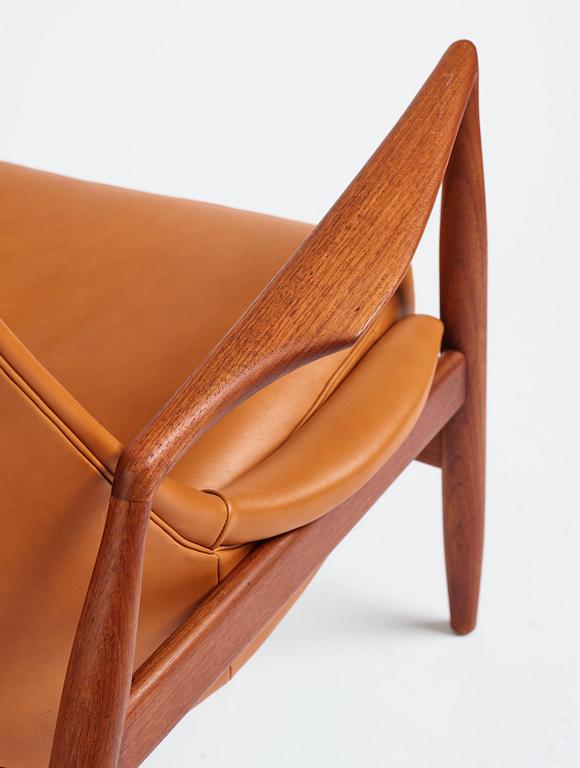 Ib Kofod-Larsen, a teak and brown leather 'Sälen' easy chair, OPE Möbler, Jönköping 1950s.