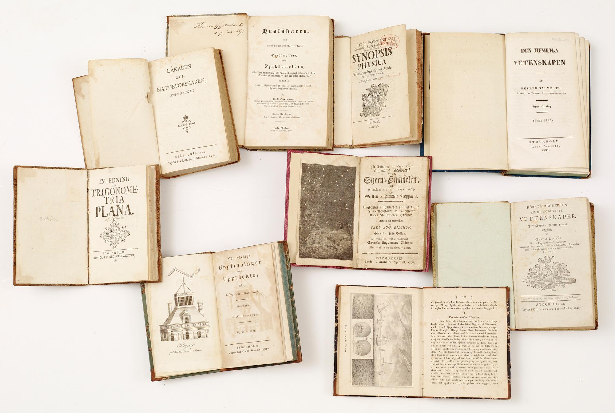 BOKPARTI OM UPPFINNINGAR OCH NATURVETENSKAP SAMT LÄKEKONST, 18 vol, bla "Stjern-himmelen.." av CA. Bischof, Stockholm 1796.
