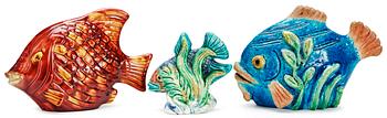 409. Three Gunnar Nylund stoneware figures of fishes, Rörstrand.