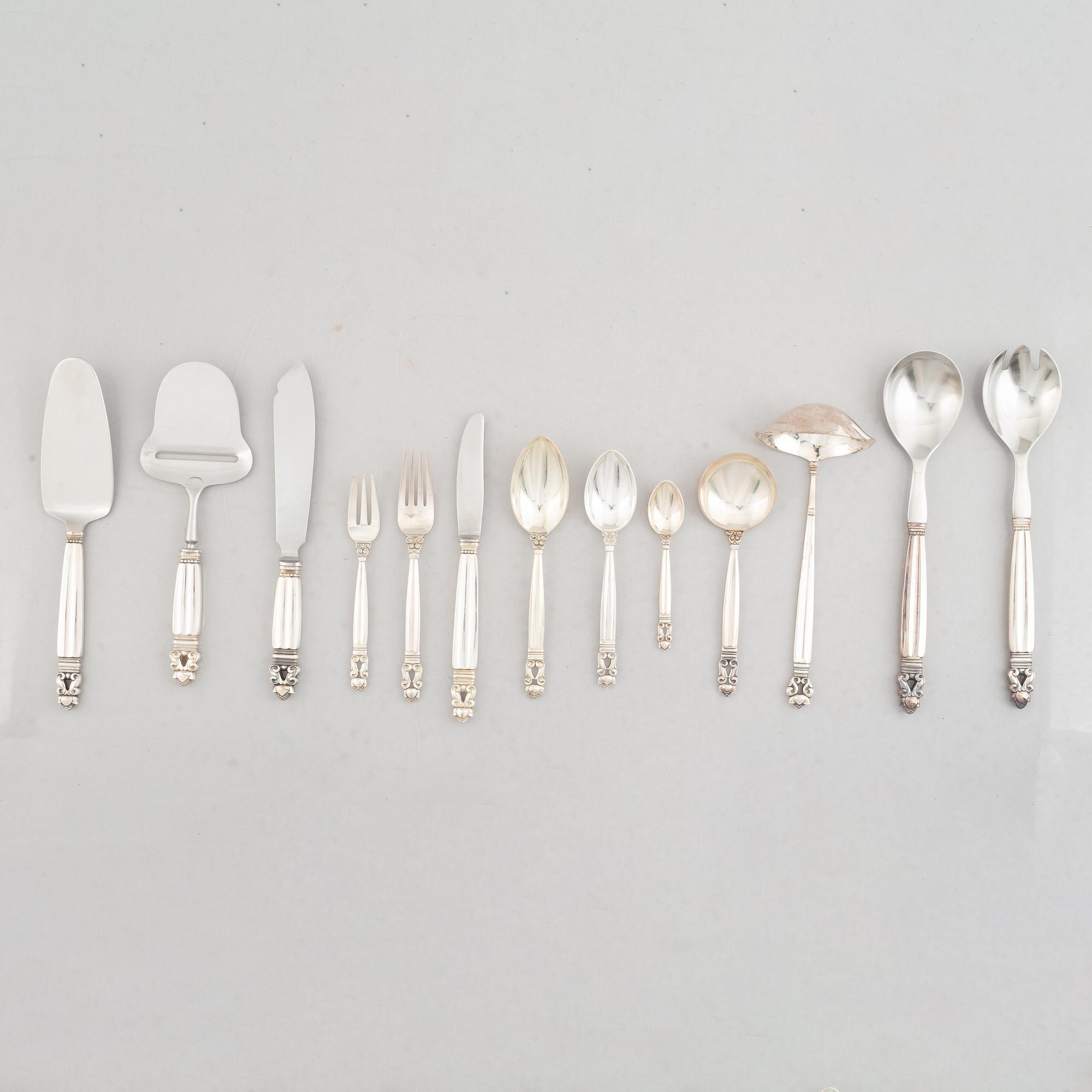 Johan Rohde, a 63-piece sterling silver flat wear set, "Konge"/"Acorn", Georg Jensen, Denmark.