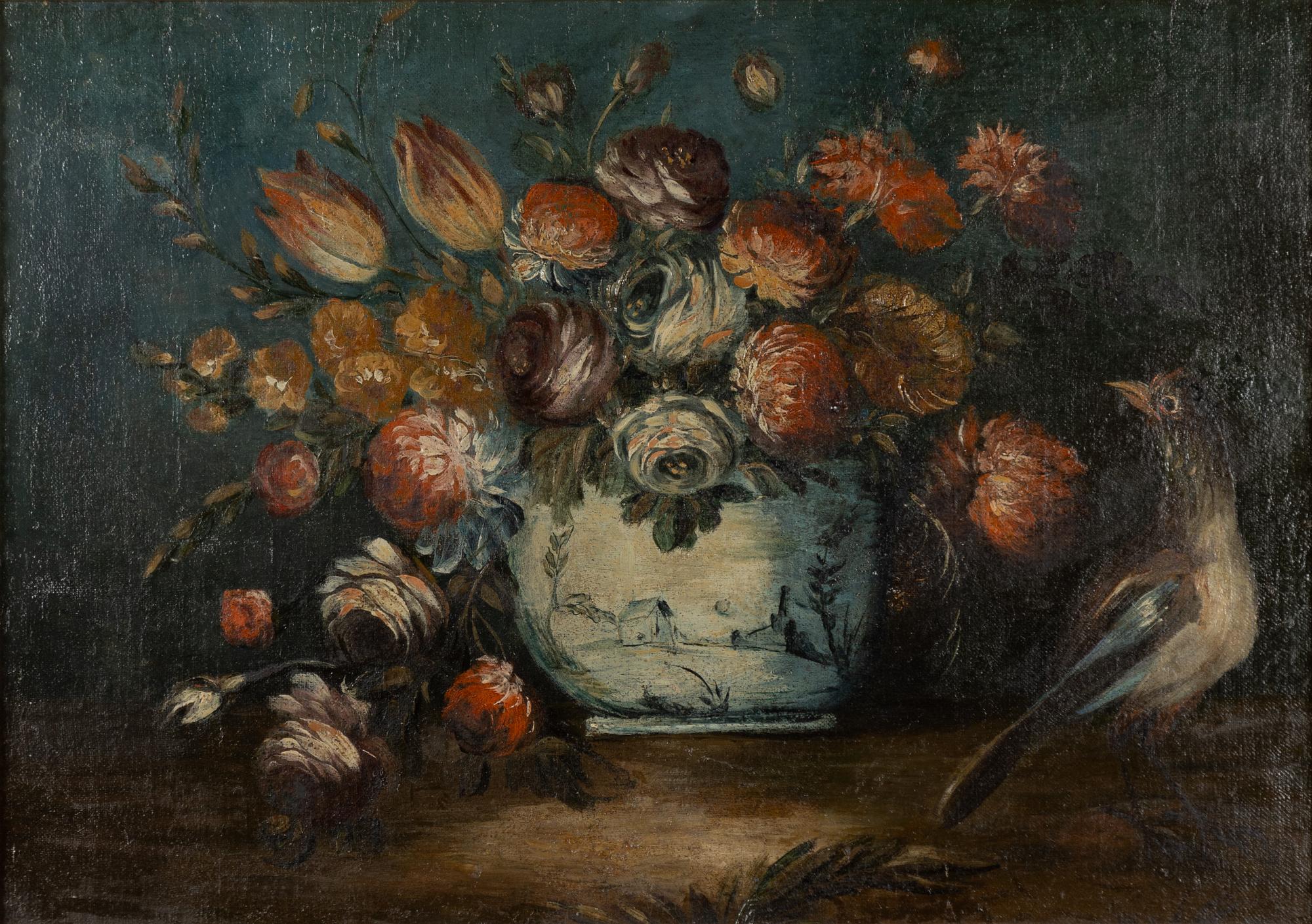 Italian school, 18th century, Still life with flowers and a bird.