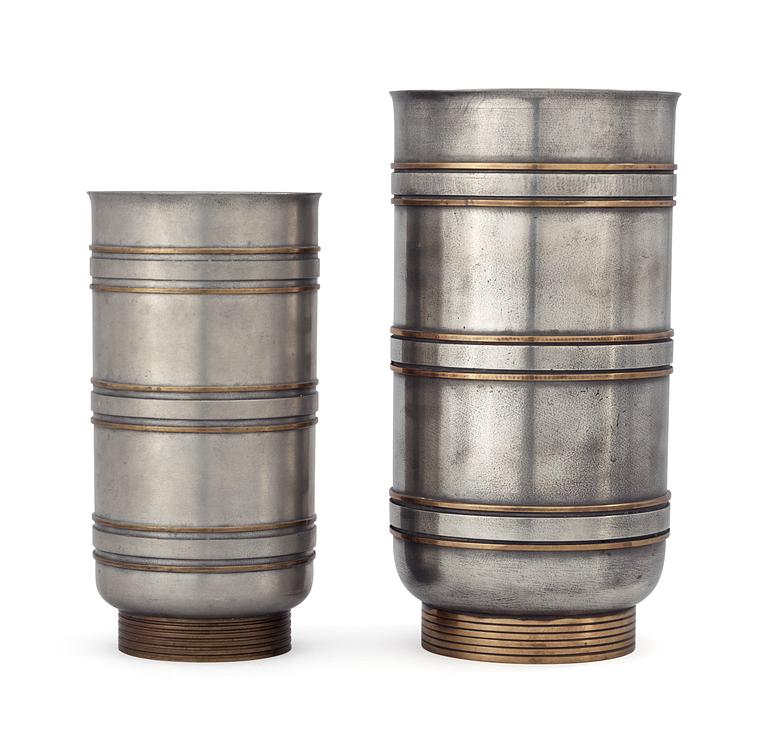 Two Edvin Ollers pewter and brass vases, Schreuder & Olsson, Stockholm 1937 och 1960.