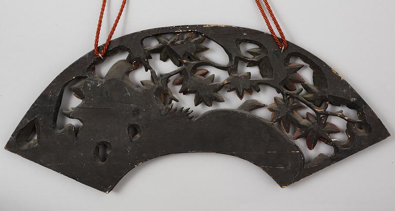 Two sun feather shaped carved and painted wooden decorative elements, with Mandarin ducks and Cranes. Qing dynasty, 19th Century.