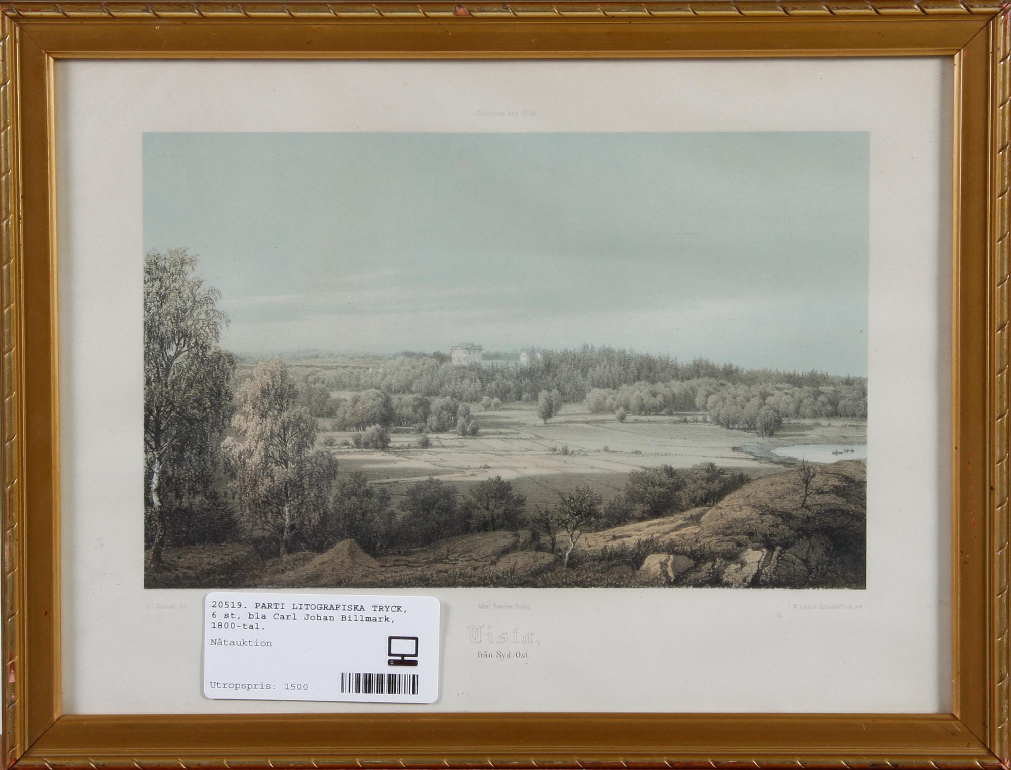 PARTI LITOGRAFISKA TRYCK, 6 st, bla Carl Johan Billmark, 1800-tal.
