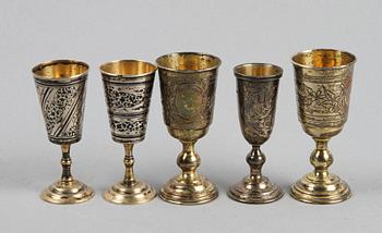 BÄGARE, 5 st, silver, Ryssland, 1800/1900-tal.