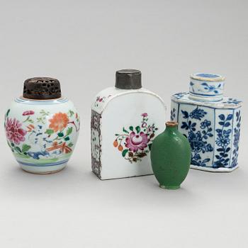 Two Chinese 18th-Century porcelain tea caddies and a jar and a 19th-Century snuff bottle.