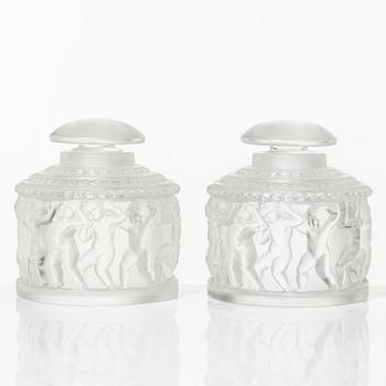 René Lalique, flacons with lids, a pair, glass, "Les Enfants", France, signed.