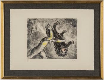 MARC CHAGALL, Etching with hand coloring, 1931-39,  signed and numbered 75/100.