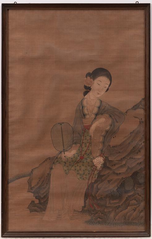 Oidentifierad konstnär, Elegant dam med fläkta, omkring 1900.