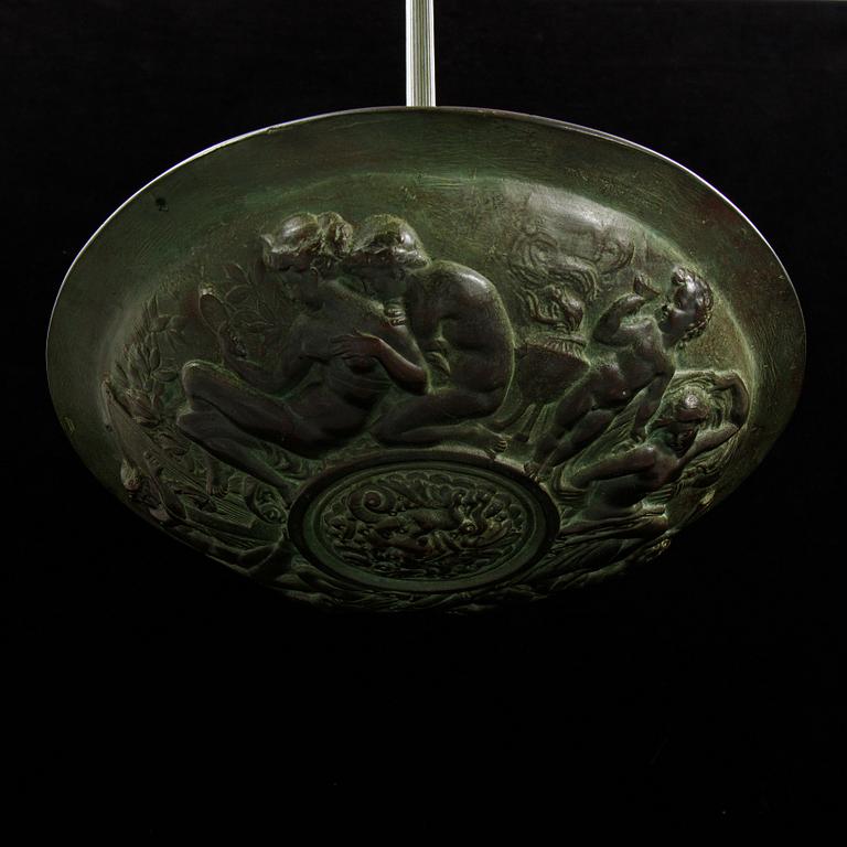 A bronze art déco ceiling light, Bracia Łopieńscy, Warszaw, 1920's/30's.
