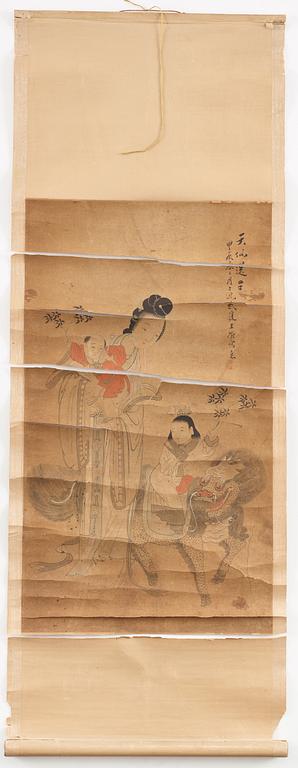 RULLMÅLNING, av Wang Rong. "Tian Xian Songzi", signerad samt daterad 1904.