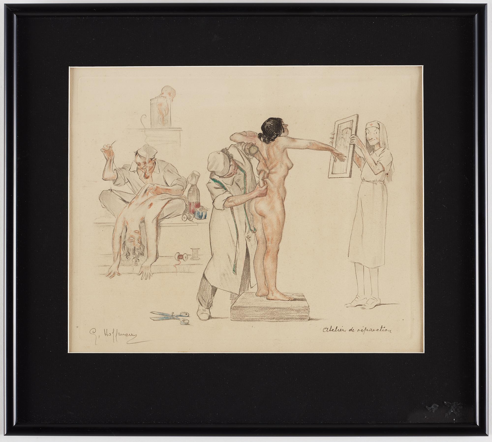 An etching by an unknown artist "Atelier de reparation", signed G Hoffman.