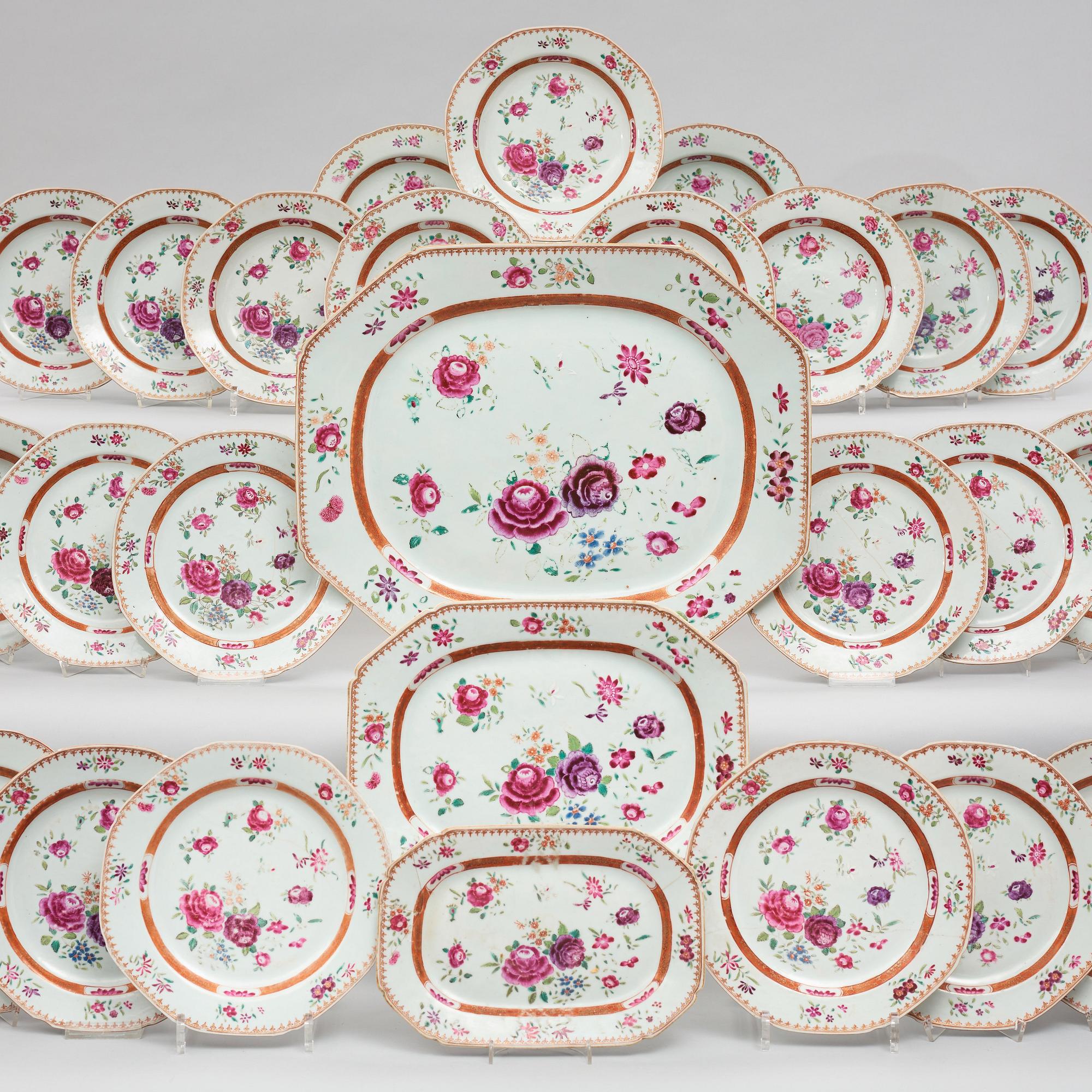 A part famille rose dinner service, Qing dynasty, Qianlong (1736-95). (comprising 28 pieces).