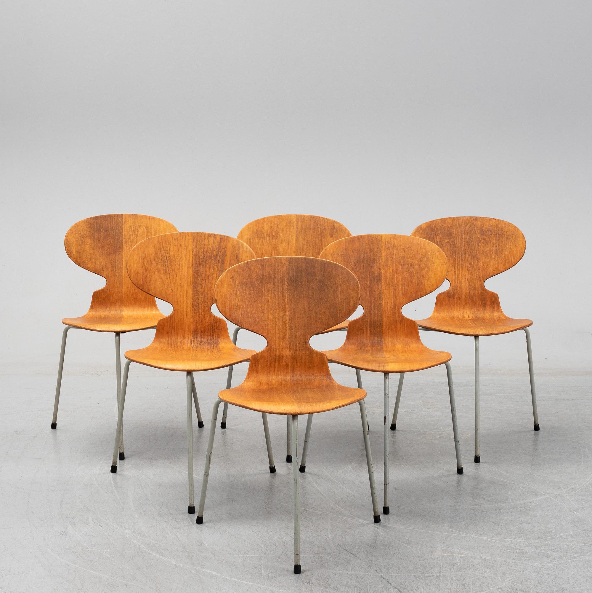 ARNE JACOBSEN, six 'Ant' chairs, Friz Hansen, Denmark, 1950's.