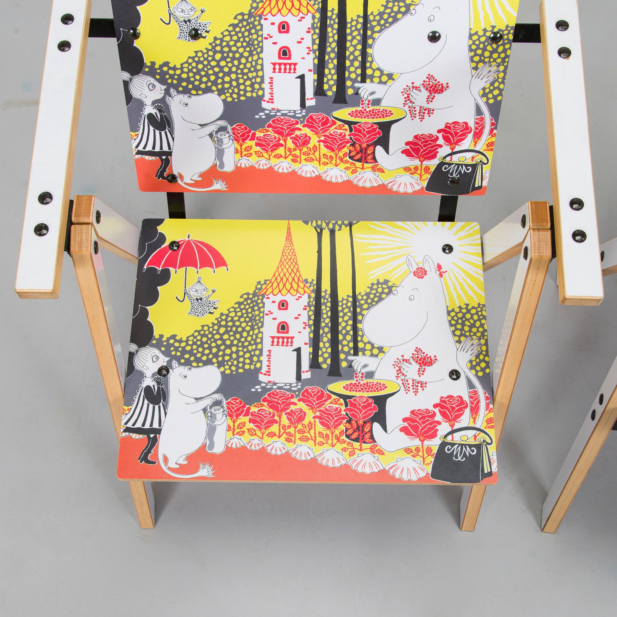 Yrjö Kukkapuro, Children's furniture, two 'Moomin S chairs'  and a table collaboration with Modeo and Moomin Characters.