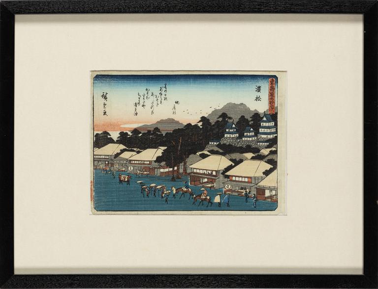 Ando Hiroshige respektive Utagawa II Kunisada, efter, träsnitt, två stycken.