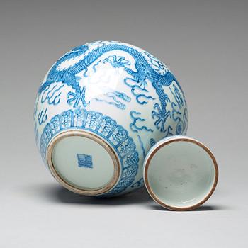 A Chinese blue and white five-clawed dragon jar with cover, Republic period, 20th Century.