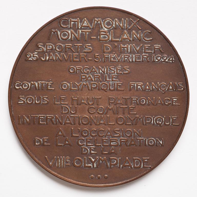 Medalj, 1:a olympiska vinterspelen Chamonix 1924 samt foto.