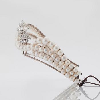 A TIARA with cultured pearls and a detachable brooch set with old-cut diamonds.