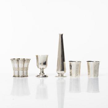 Three silver beakers, a vase and a cup, Sweden and Denmark, 19th-20th century.