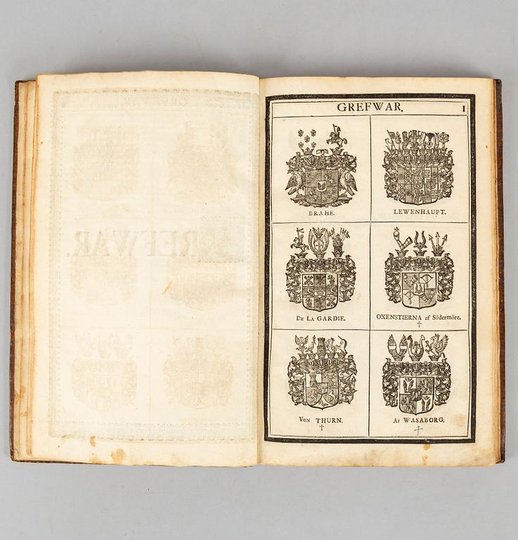 Med hundratals adelsvapen i träsnitt, 1734.