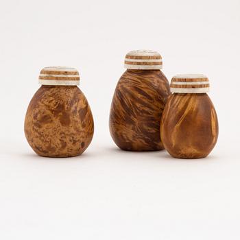 A set of three birch and reindeer salt and sugar containers by Thore Sunna, before 1965.