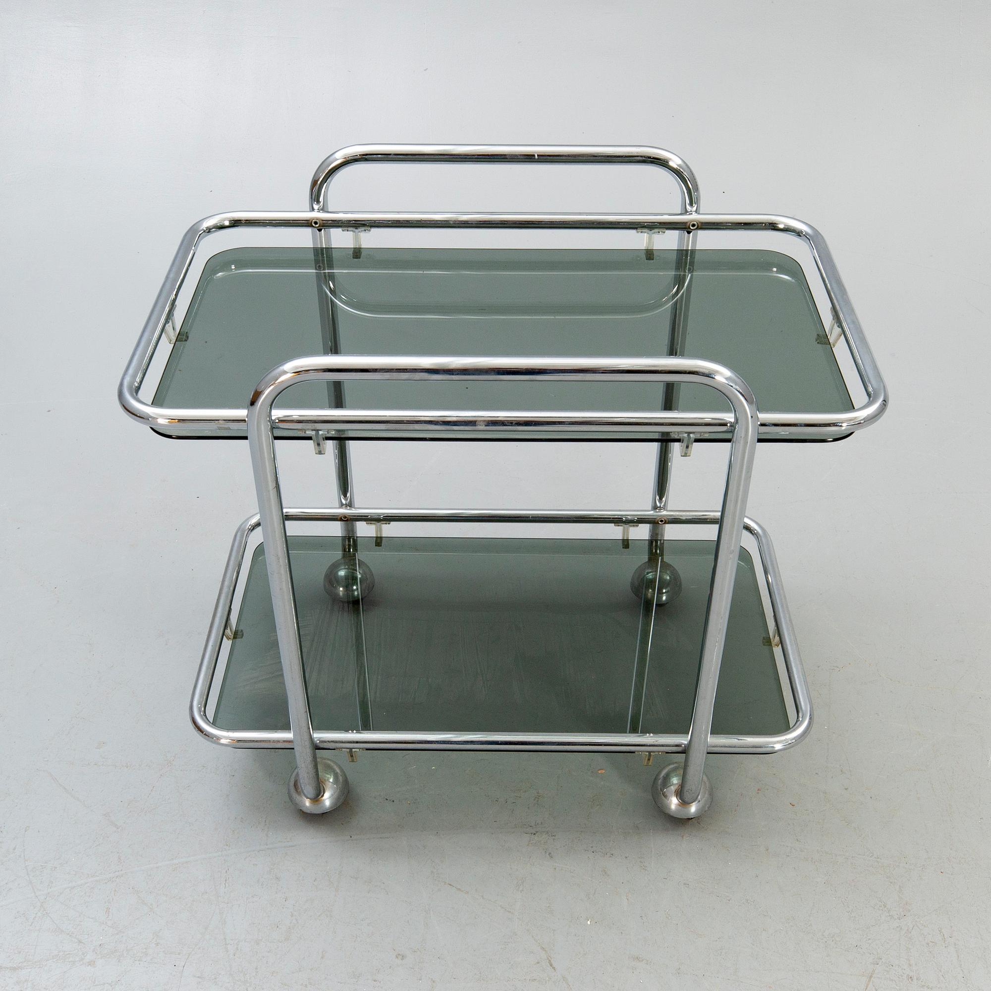 A 1970s chrome serving trolley.