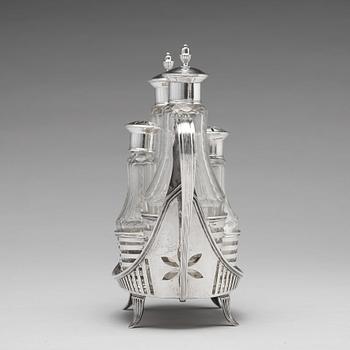 A Swedish 18th century silver and glass, cruet-set, mark of Stepan Westerståhle, Stockholm 1798.