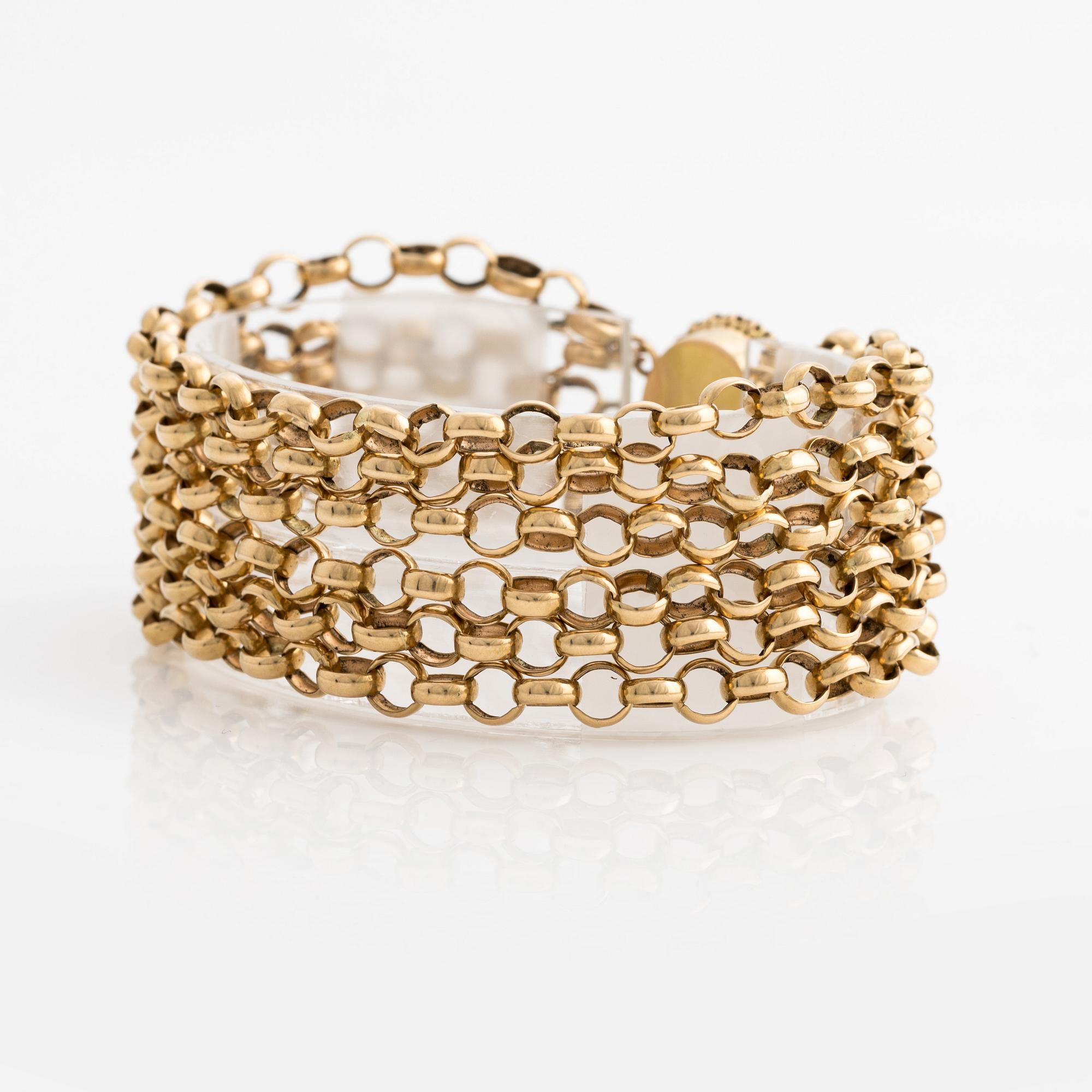 Bracelet, gold multi-strand pea links, monogram with frame of old-cut diamonds.