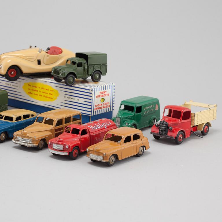 16 toy cars, mostly by Dinky Toys, from the latter half of the 20th century.