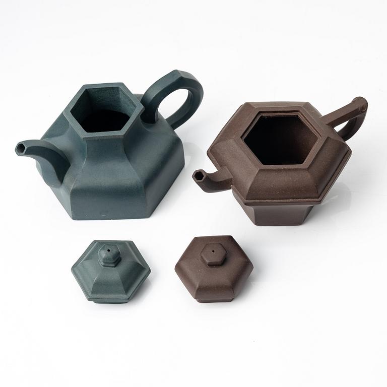 Two hexagonal 'gongfu' teapots, yixing, China, 1980s.