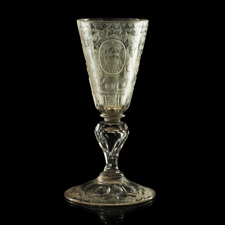 A German engraved and cut glass goblet, 18th Century.