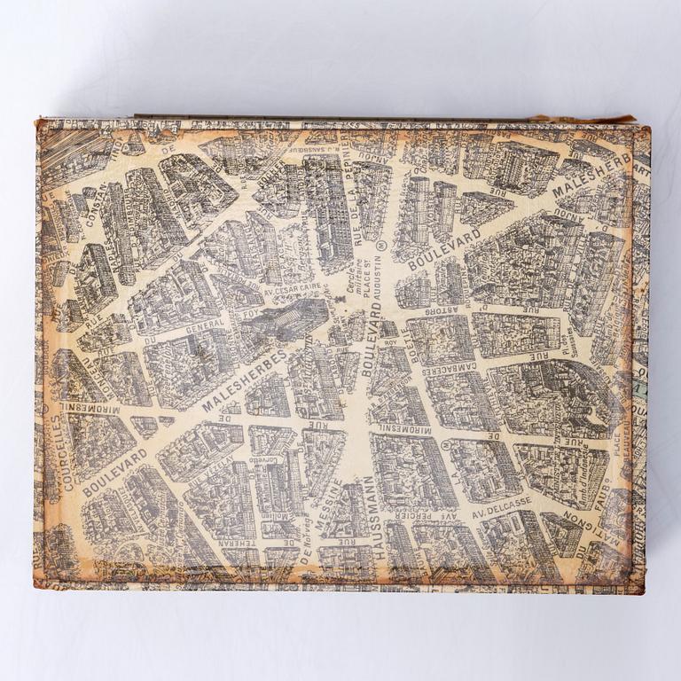 A mahogany cigarette box covered with a map over Paris, probably acquired Svenskt Tenn, Stockholm, ca 1940s.