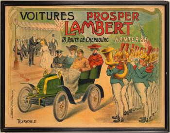A lithographic vintage poster, 'Voitures Prosper Lambert', France, early 20th Century.