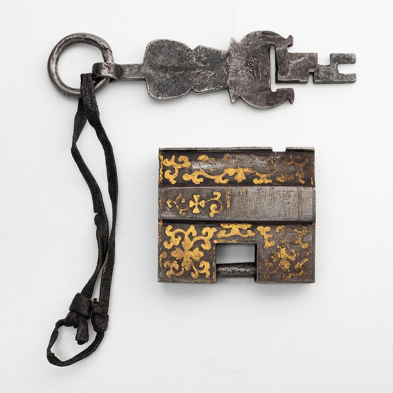 A large iron, silver and gold lock, Tibet, 17th/18th century.