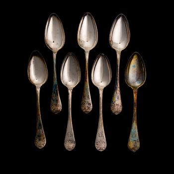 SKEDAR 6+1 ST, silver, 6 st Vasa Samuel Koskiniemi 1903-04, en sked Ingman, Kuopio 1851, vikt 408 g.