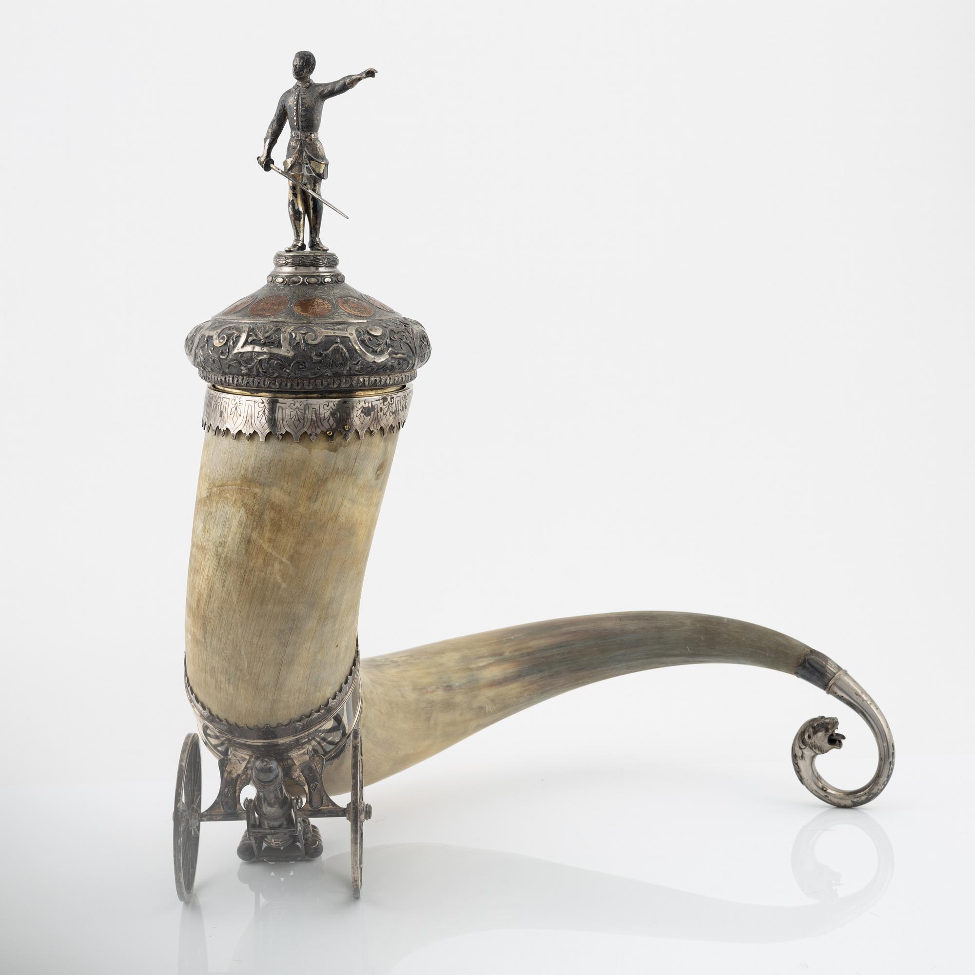 A Swedish silver and horn drinking horn, mark of J. Westerlind, Malmö 1882.