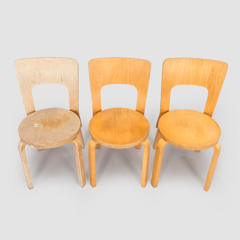 Alvar Aalto, stolar, 3 st, modell 66, Artek 1970/1980-tal.