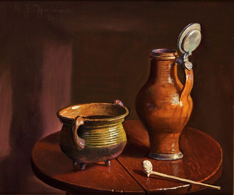 Johnny Oppenheimer, Still life with clay pipe and faience jug.