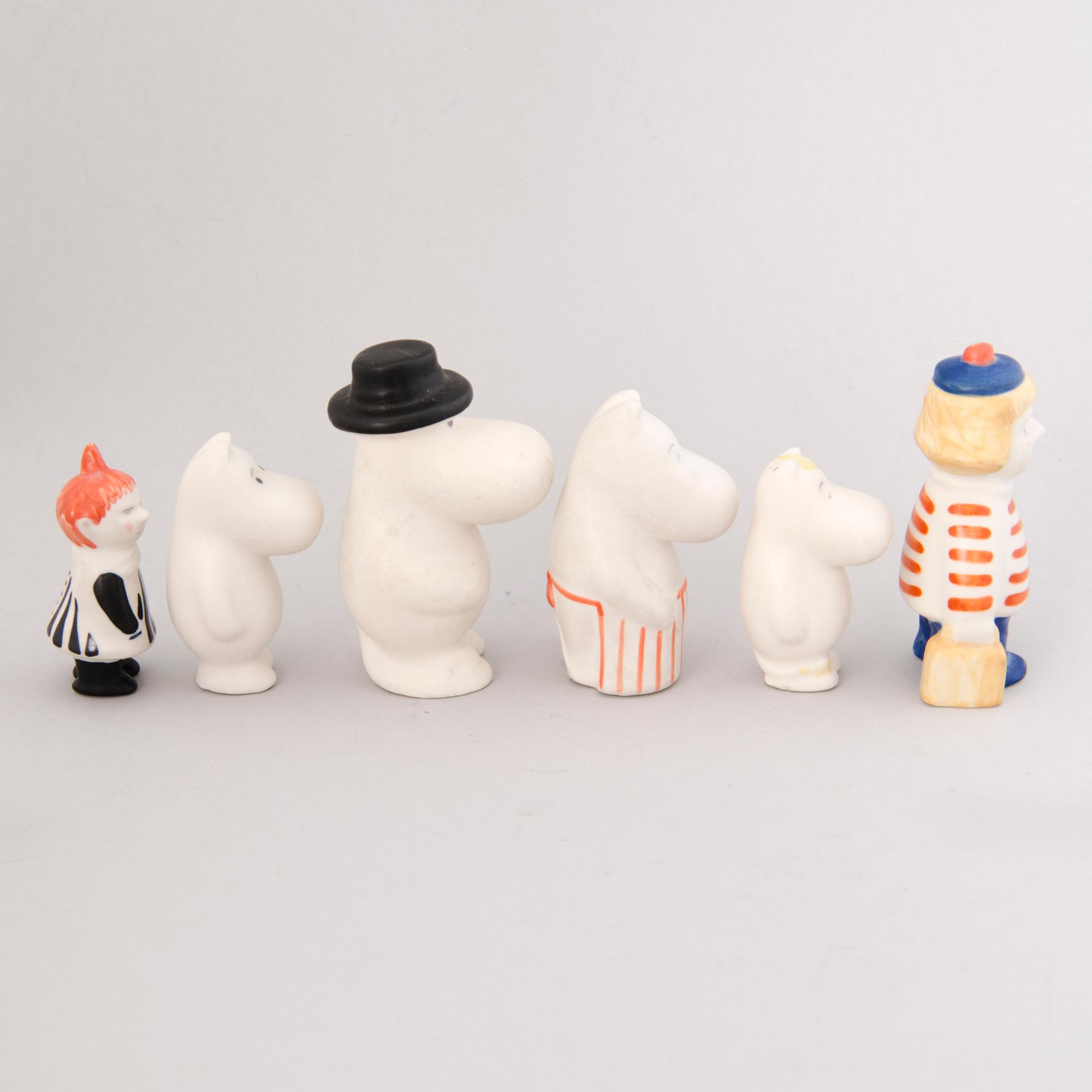 TUULIKKI PIETILÄ, Moomin, six different porcelain figurines, Arabia, Finland 1990s.
